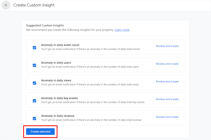 Creating suggested custom GA insights