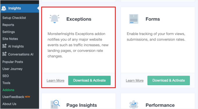 Installing the Exceptions addon
