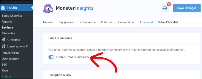 Enabling MonsterInsights' Email Summaries
