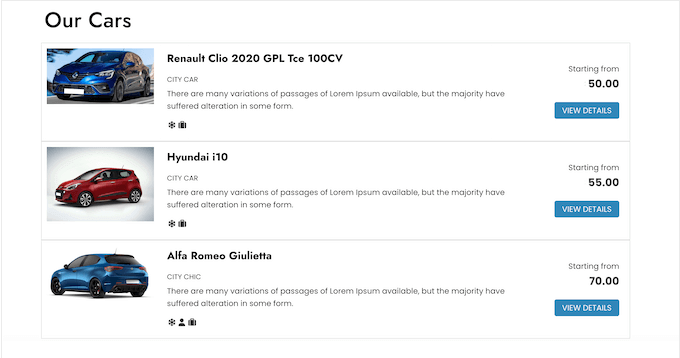 An example of a car rental system, created using a free WordPress plugin