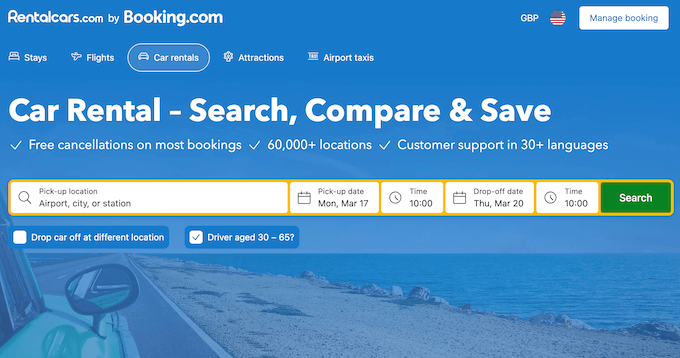 An example of a car rental website
