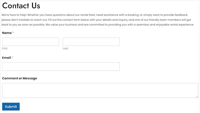 Adding a contact form to your car rental website using WPForms