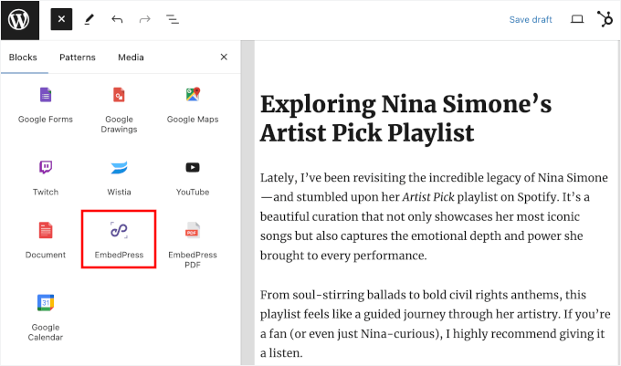 Finding the EmbedPress block