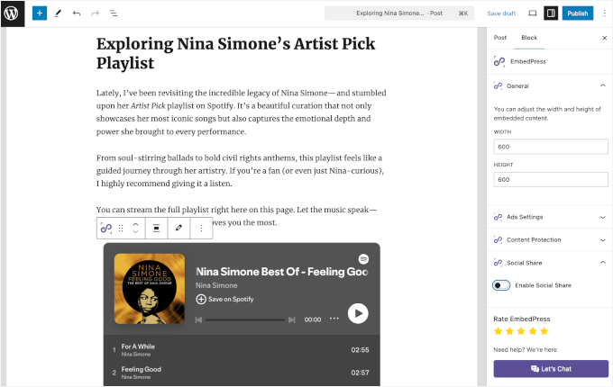 Spotify embedded on the editor