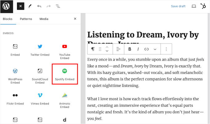 The Spotify Embed block