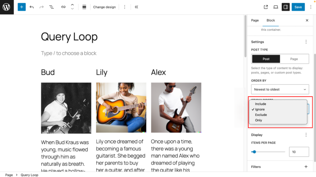 A page editor interview that demonstrates a query loop block with the new drop-down to ignore the sticky post highlighted