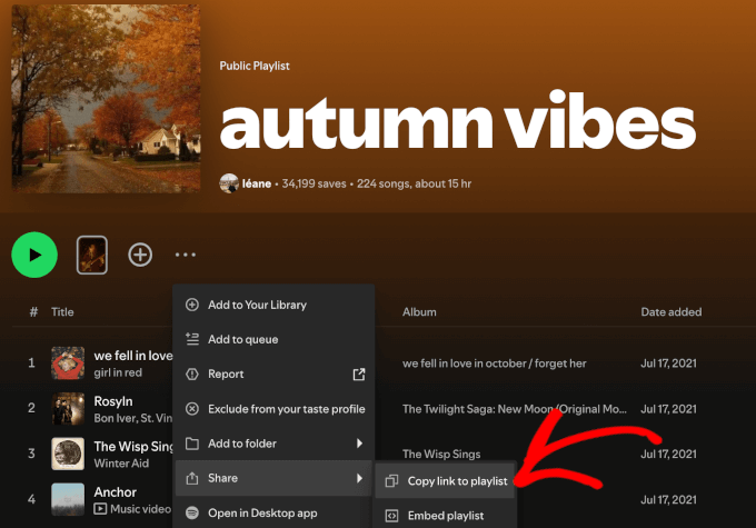 The Copy link to playlist button