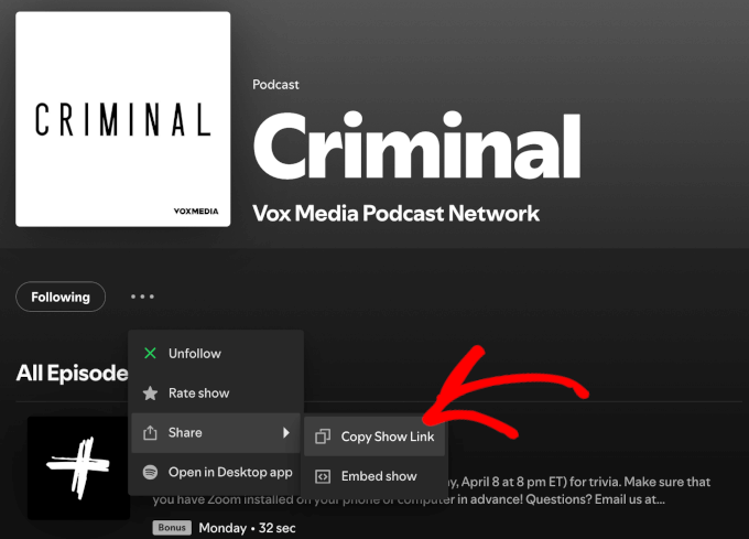 The Copy show link button