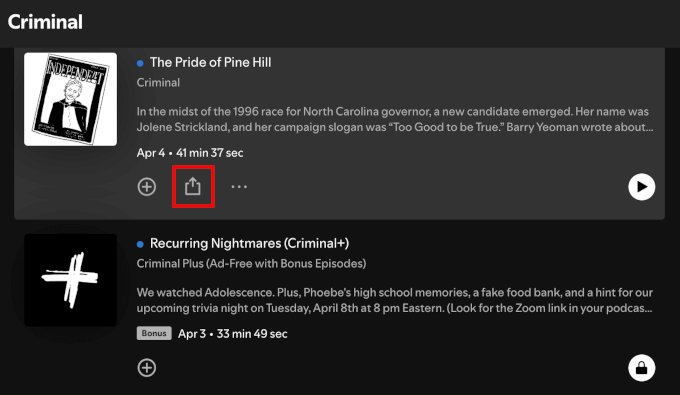 The share button for sharing a podcast episode
