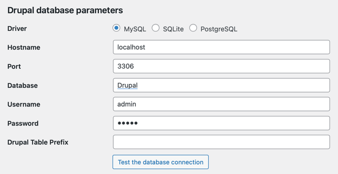 Entering the Database Parameters of the Drupal Website to Be Imported