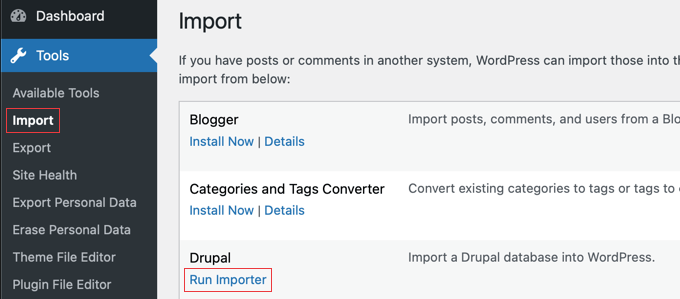 The WordPress Import Page