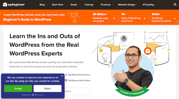 An example of a cookie banner, created using the WPConsent WordPress plugin