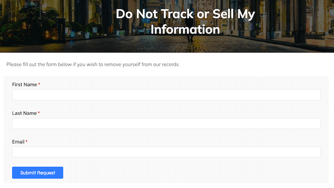 An example of a 'Do Not Sell My Info' page, created using WPConsent