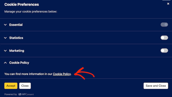 Adding a link to your cookie policy to a WordPress popup