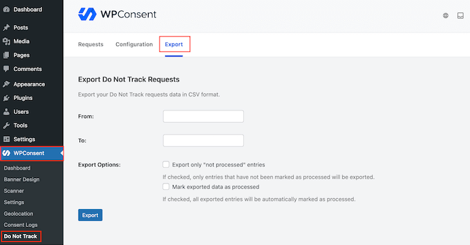 Exporting 'do not sell my info' requests from the WordPress dashboard