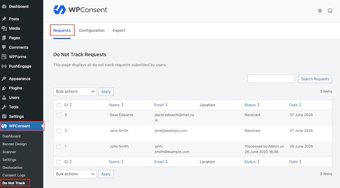 Tracking incoming 'do not sell' requests