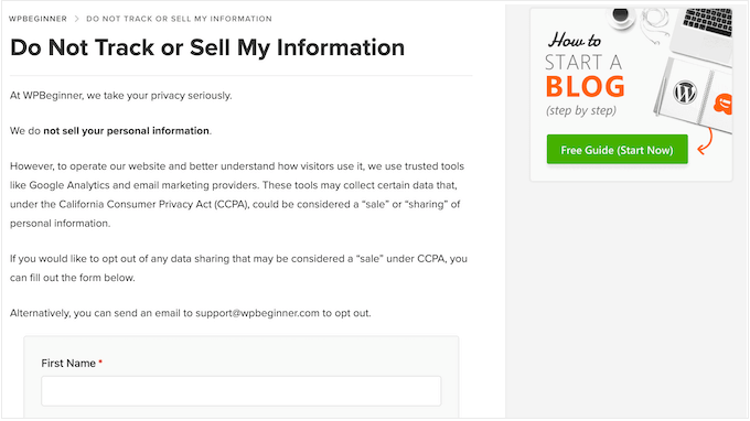 An example of a 'Do not sell my info' page in WordPress