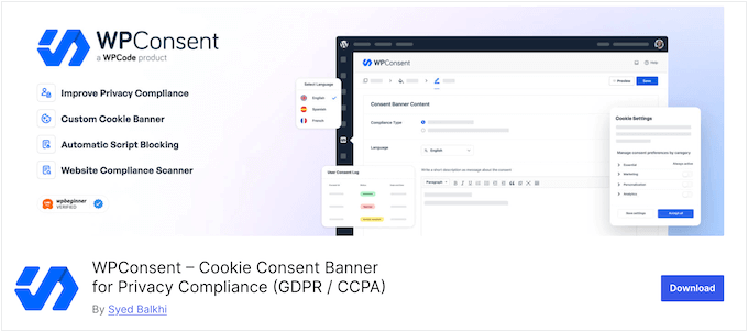 The free WPConsent WordPress privacy and compliance plugin