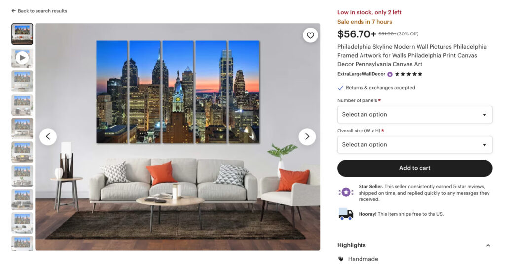 Etsy product which creates a sense of urgency to buy