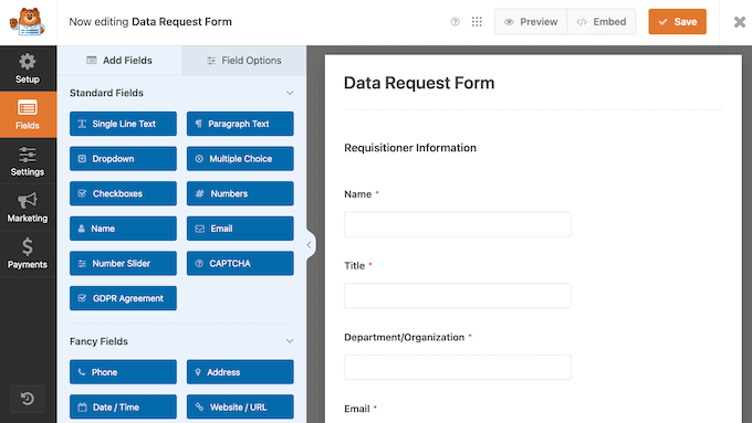 How to add fields to a data request form 