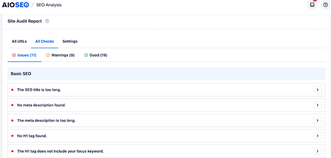 AISEO - View issues by all checks 