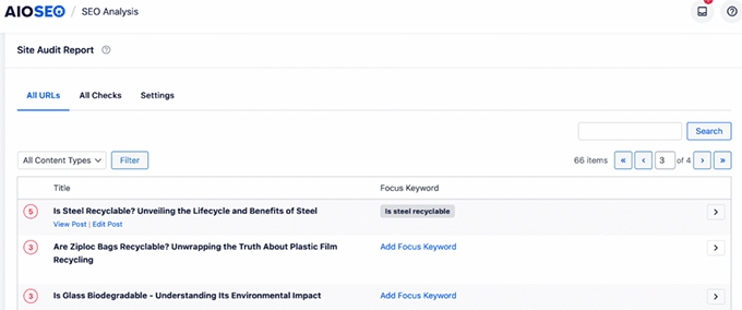 AIOSEO: View issues reported by the Site Audit