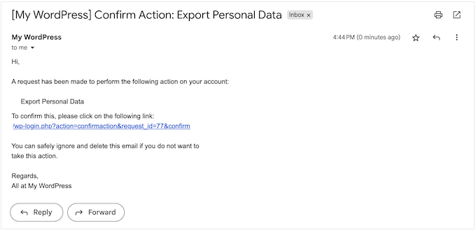 An example of a data export confirmation email