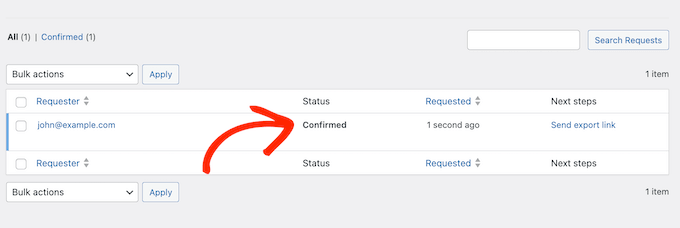 An example of a data export request in the WordPress admin area