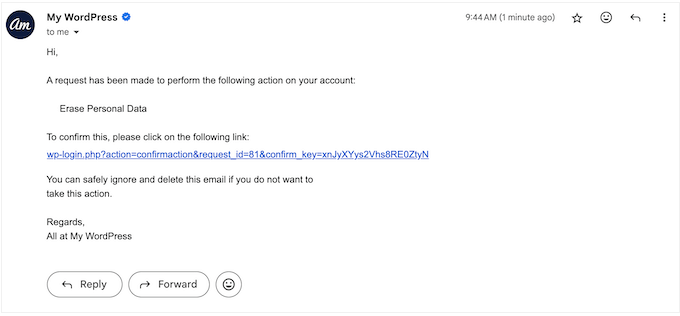 An example of a data compliance email, created by WordPress