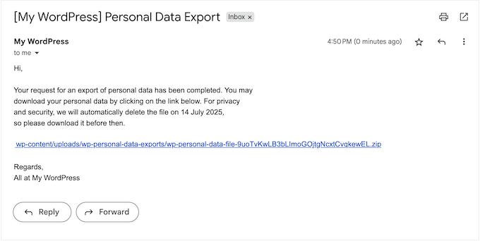 An example of a completed data access request 