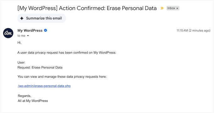 Confirming the erasure of personal information on your WordPress blog or website