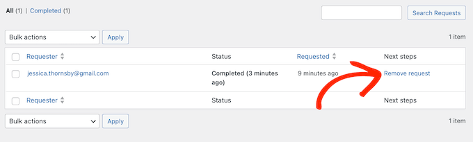 Removing data deletion requests from your WordPress dashboard