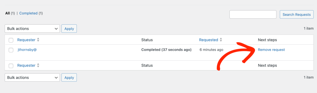 Removing requests from your compliance record in WordPress