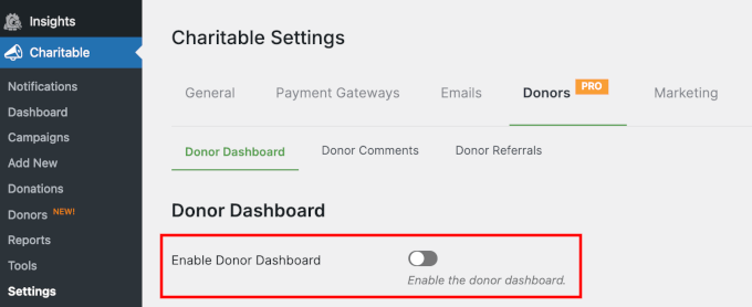 Enabling Donor Dashboard in Charitable