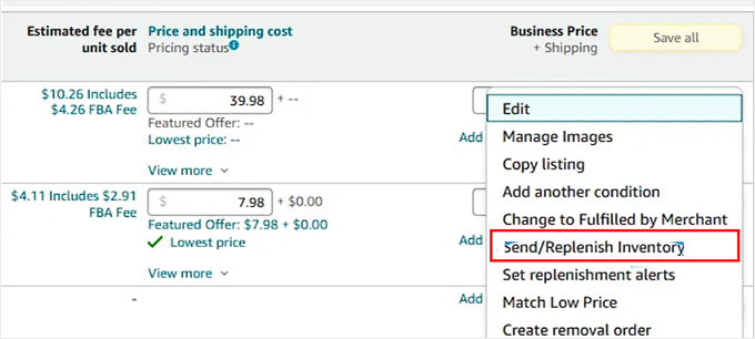 Click the Send/Replenish Inventory button