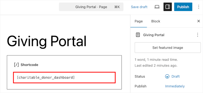 Adding the Charitable donor dashboard shortcode