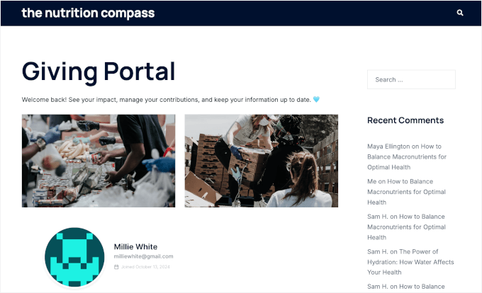Live donor portal created with Charitable