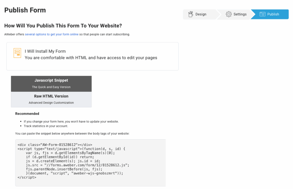 Embed code example in AWeber