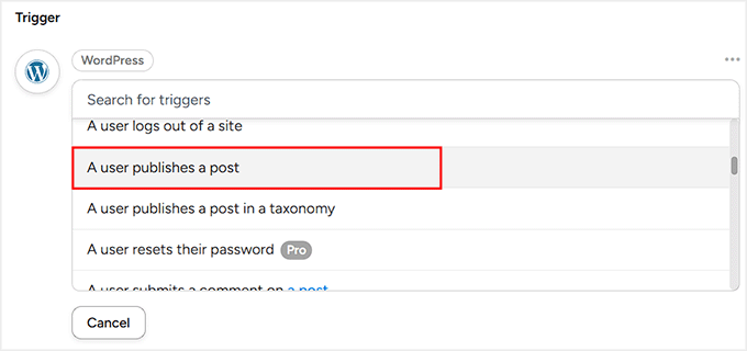 Choose a User publishes a post as the trigger type in Uncanny Automator