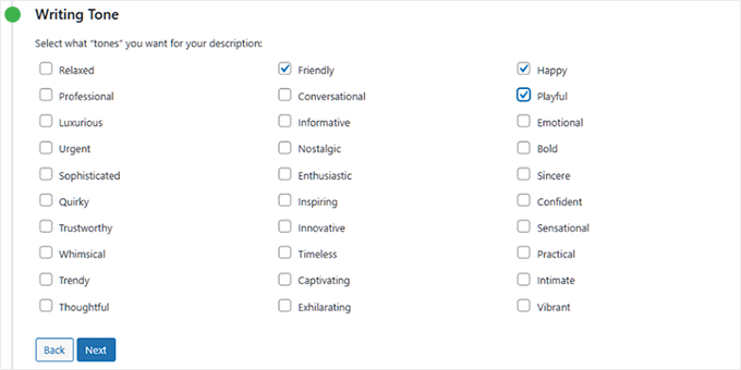 Choose writing tone for product descriptions in StoreAgent