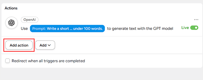 Click Add action button in Uncanny Automator