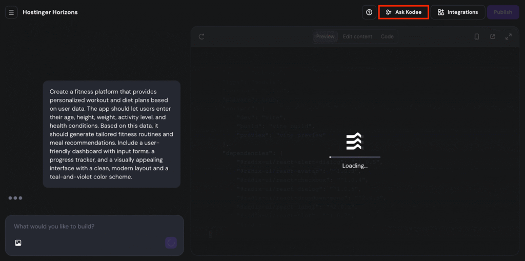 Kodee highlighted in Hostinger Horizons.