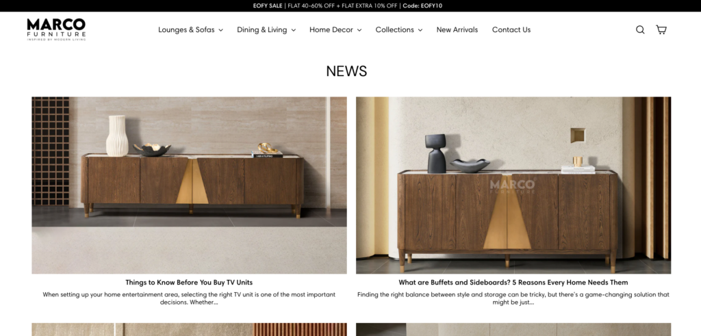 The blog section in Marco Furniture website