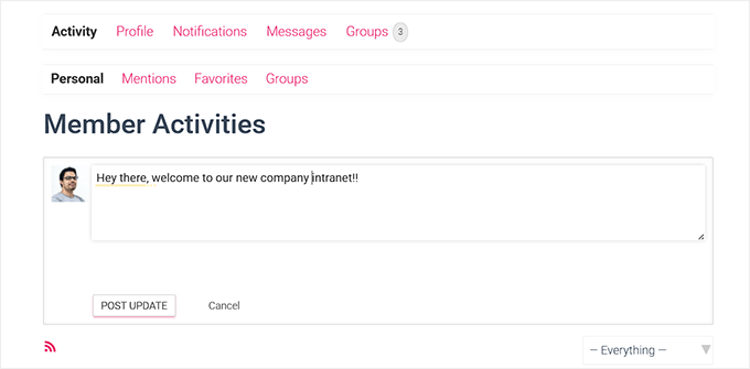 Post a message on the activity page in BuddyPress