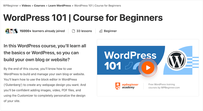 An example of WPBeginner's video course website, managed using MemberPress