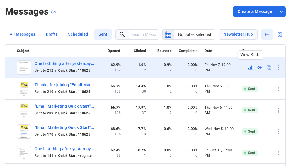 AWeber Quickstats showing all message view