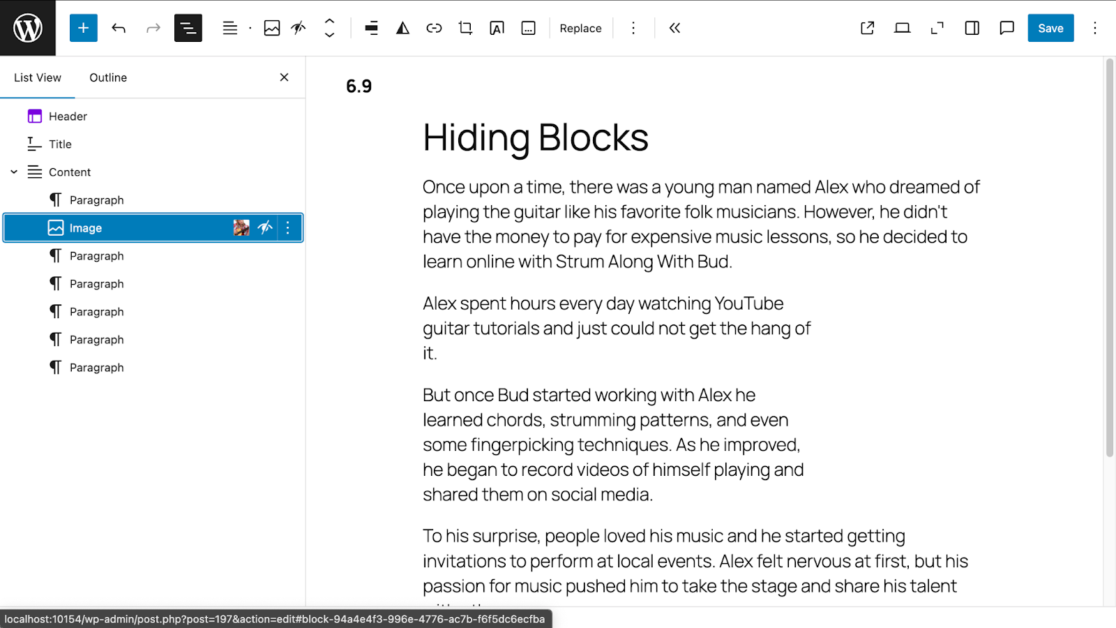 A list view containing the hidden image block