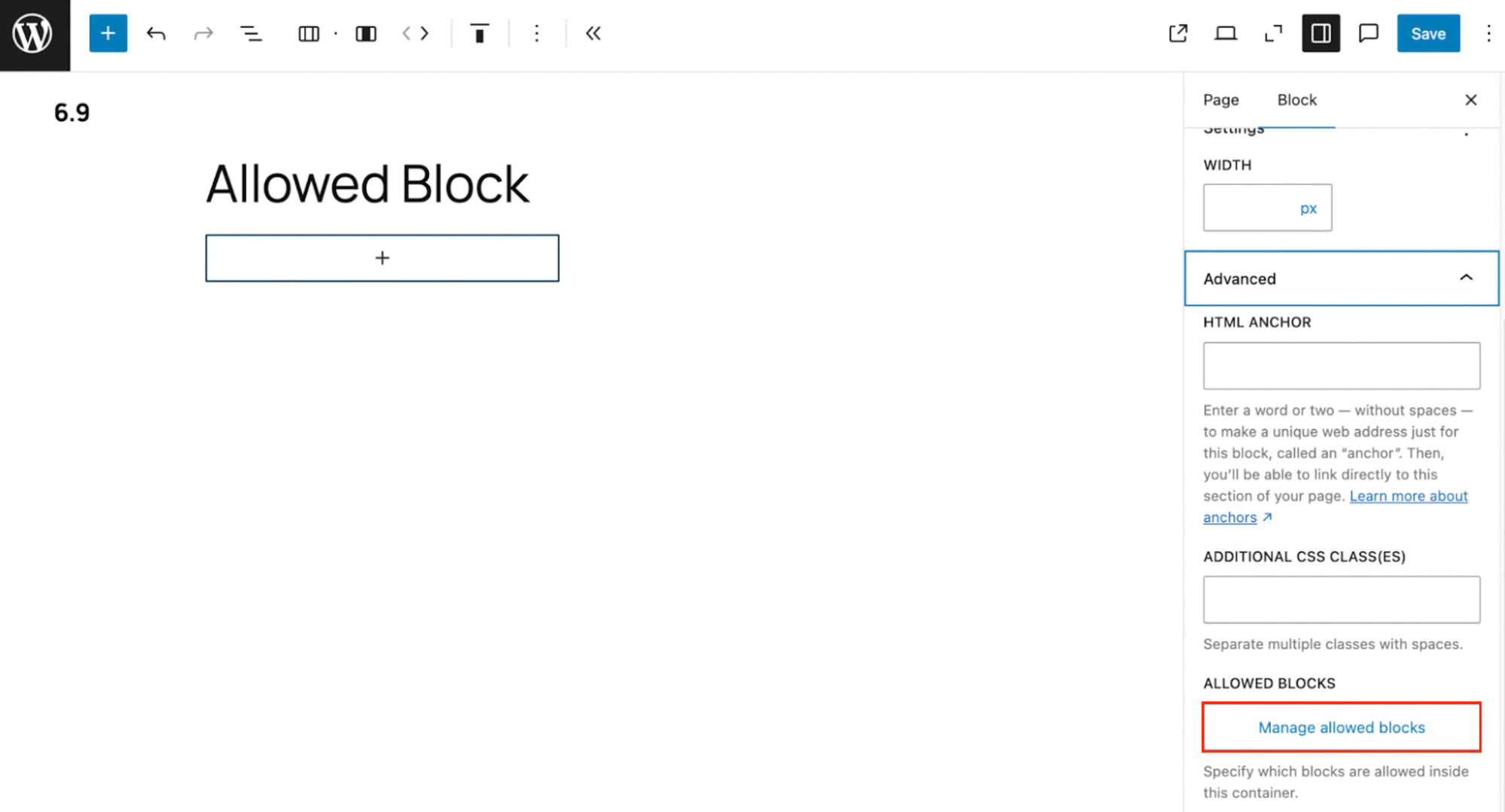 A container block with the "Manage allowed blocks" option in the block settings highlighted