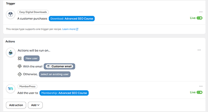 MemberPress recipe in Uncanny Automator