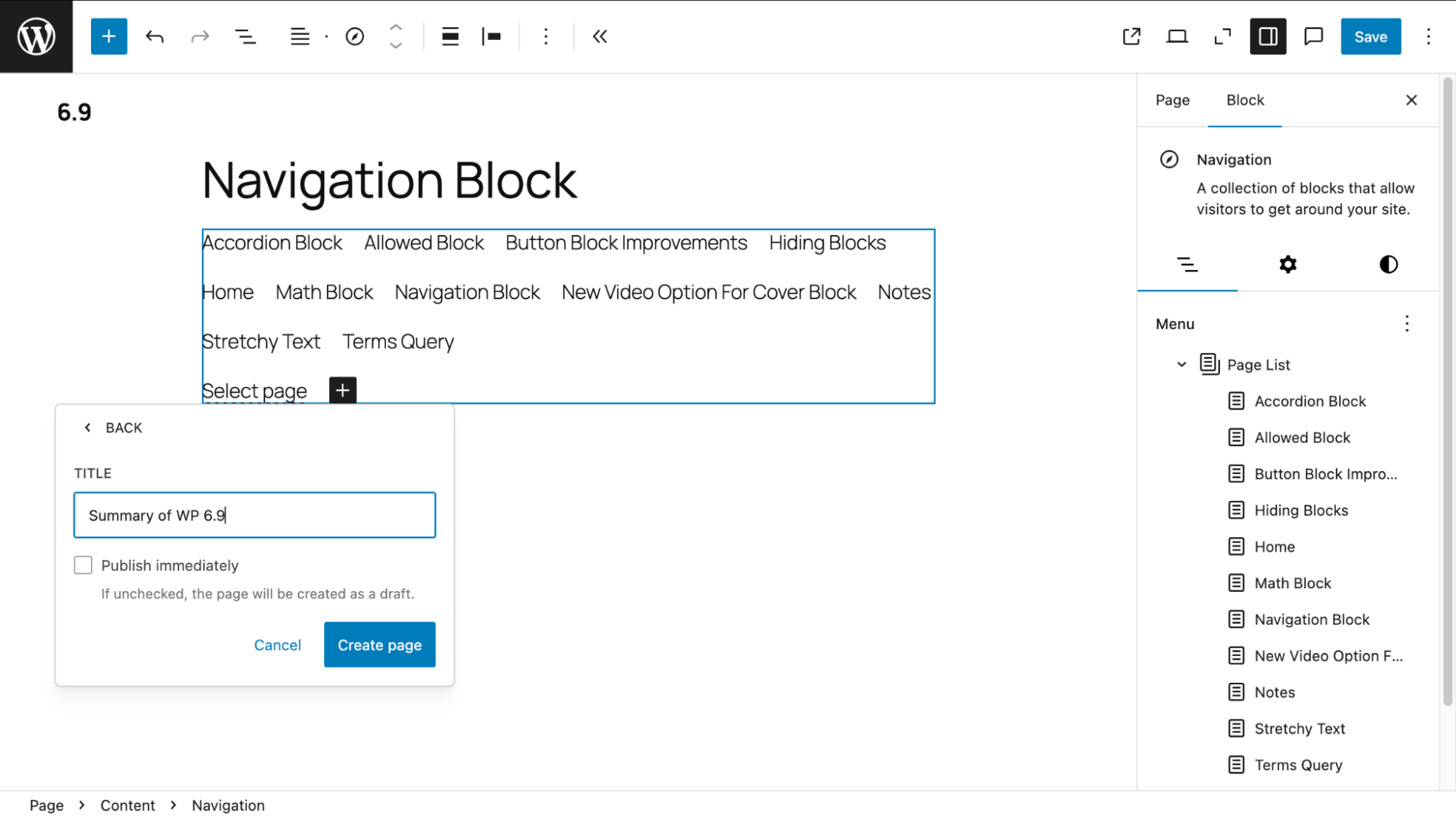 A navigation block with the pop-up panel for page creation shown